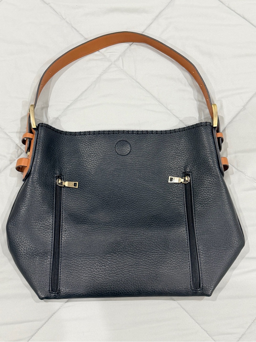Black Leather Shoulder Bag with Tan Strap